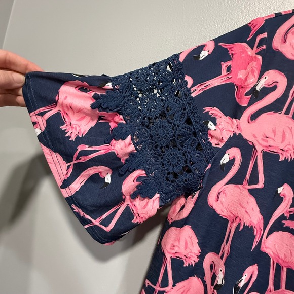 Simply Southern Navy Pink Flamingo Bell Sleeve Top Womens Small preppy costal - Picture 3 of 5